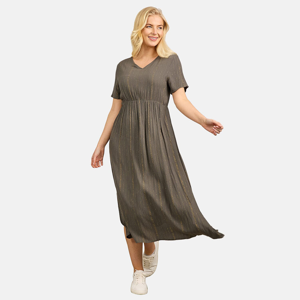 Maison Printed Short Sleeve Crinkle Dress (Size M) - Khaki