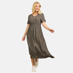 Maison Printed Short Sleeve Crinkle Dress (Size M) - Khaki