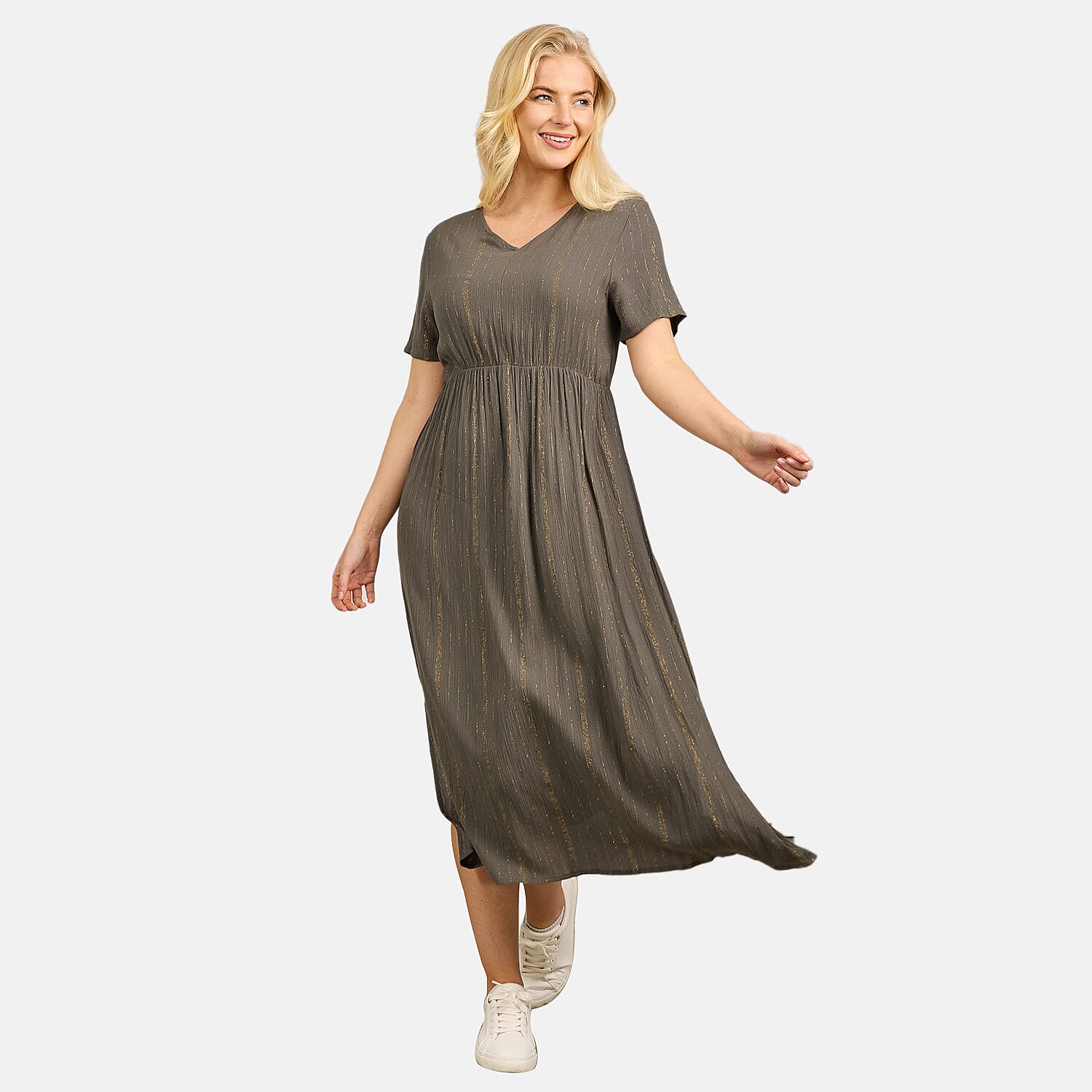 Maison Printed Short Sleeve Crinkle Dress (Size M) - Khaki