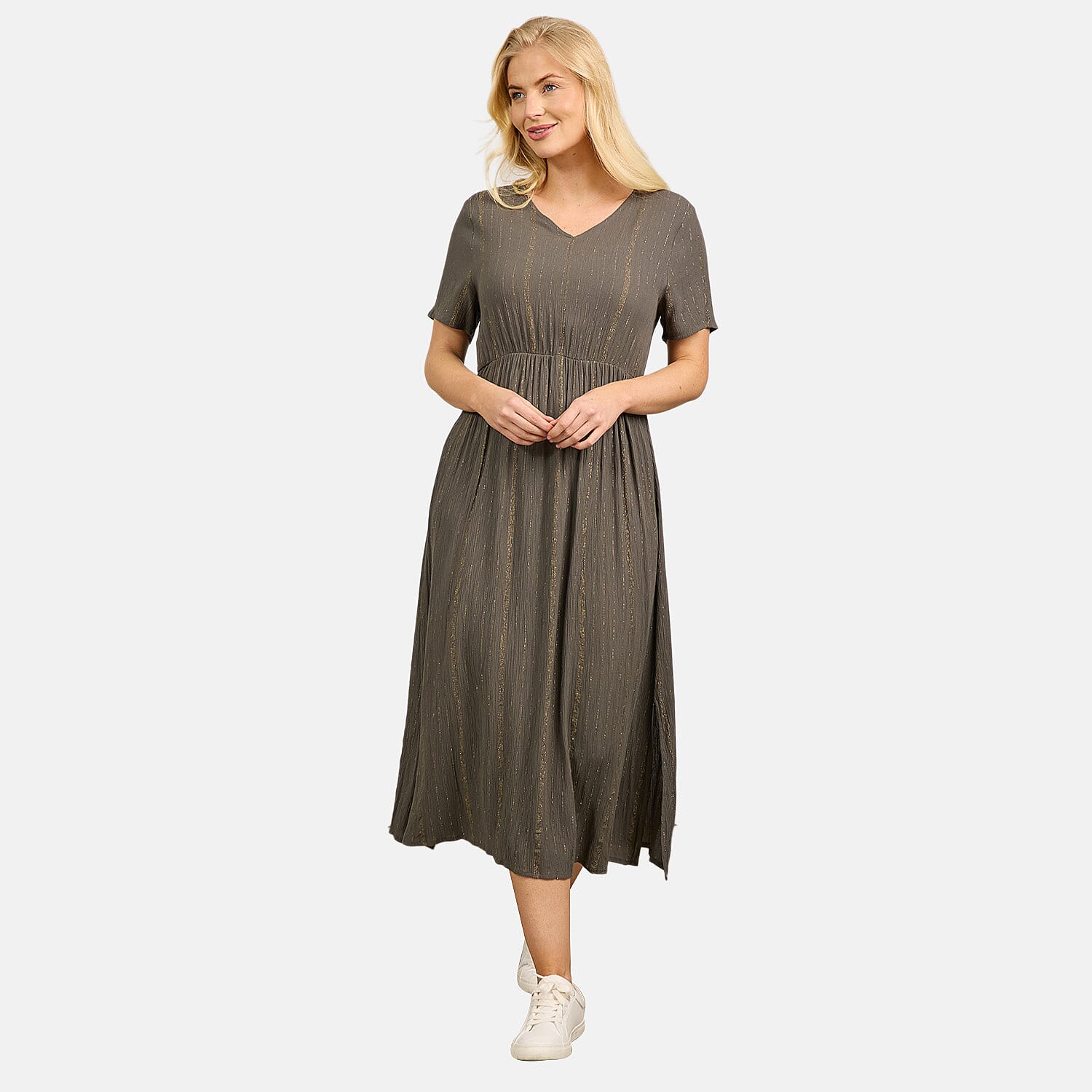 Maison Printed Short Sleeve Crinkle Dress (Size M) - Khaki