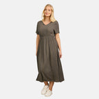 Maison Printed Short Sleeve Crinkle Dress (Size M) - Khaki