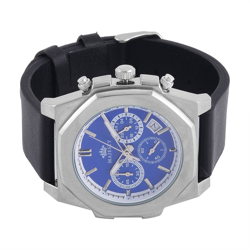 Majesty Multifunction Movt. 3 ATM Water Resistant Watch with Black Leather Strap in Silver Tone