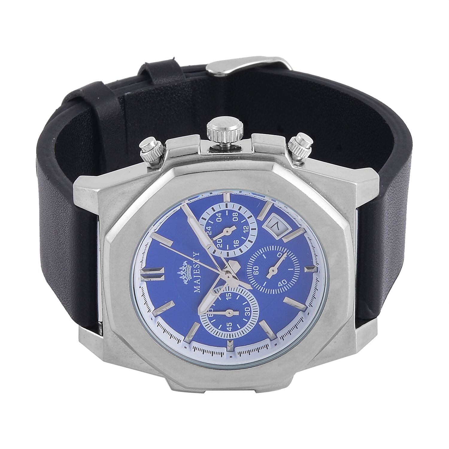 Majesty Multifunction Movt. 3 ATM Water Resistant Watch with Black Leather Strap in Silver Tone