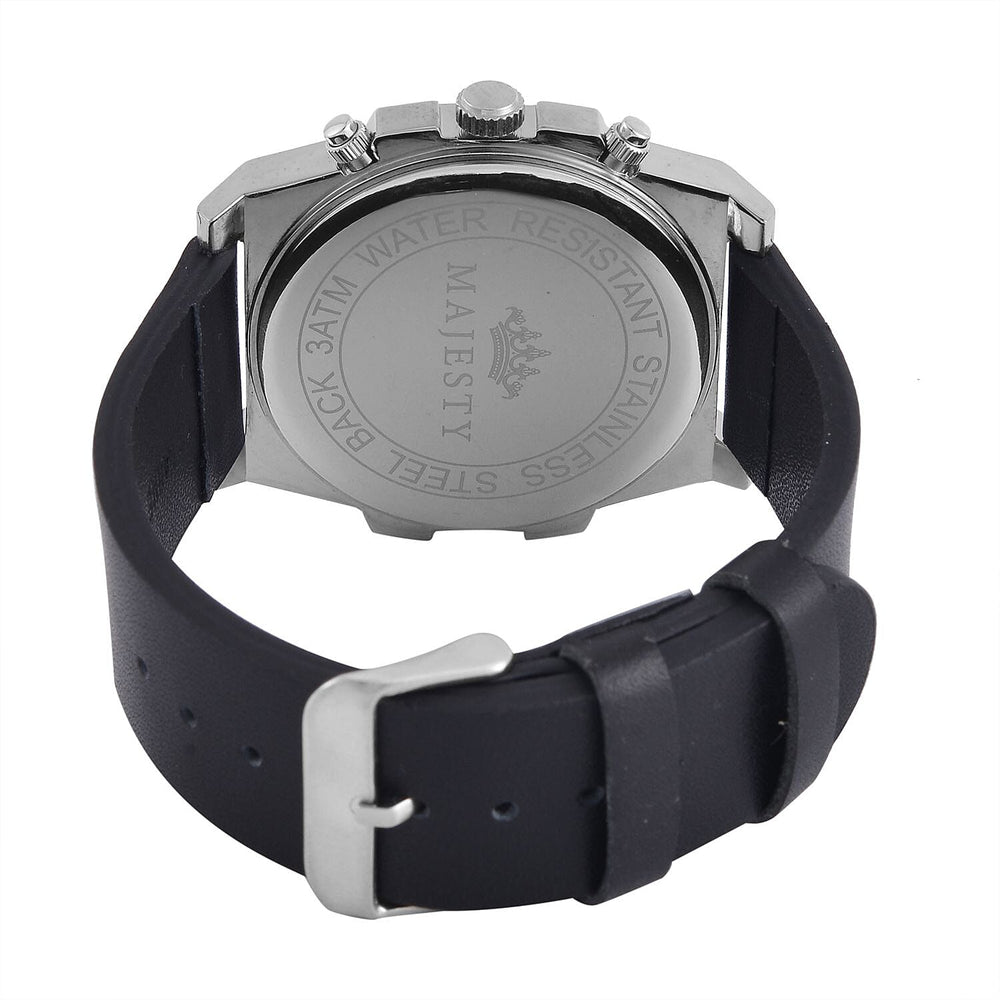Majesty Multifunction Movt. 3 ATM Water Resistant Watch with Black Leather Strap in Silver Tone
