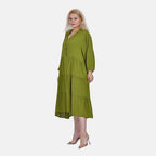 100% Bamboo Rayon Button Down Boho Tiered Dress (One Size) - Green