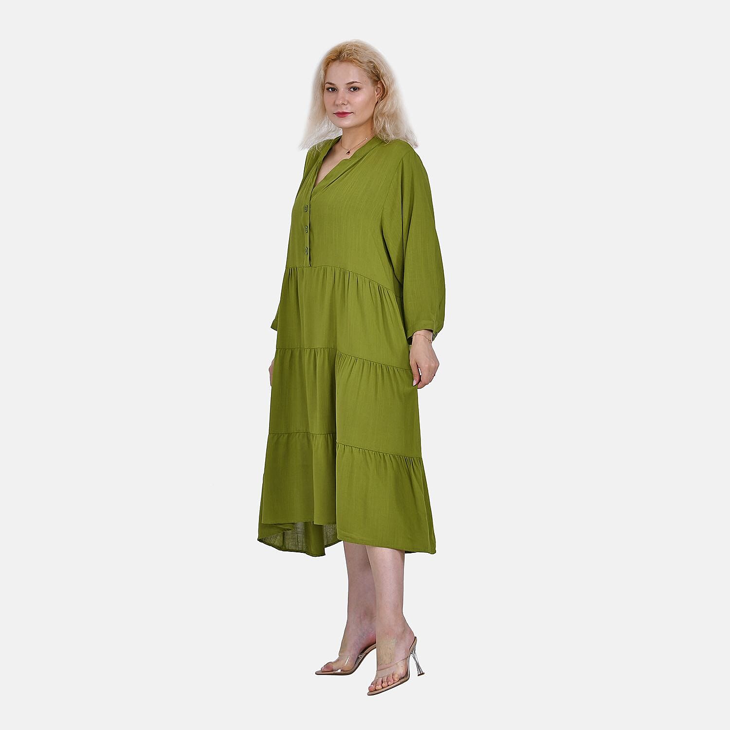 100% Bamboo Rayon Button Down Boho Tiered Dress (One Size) - Green