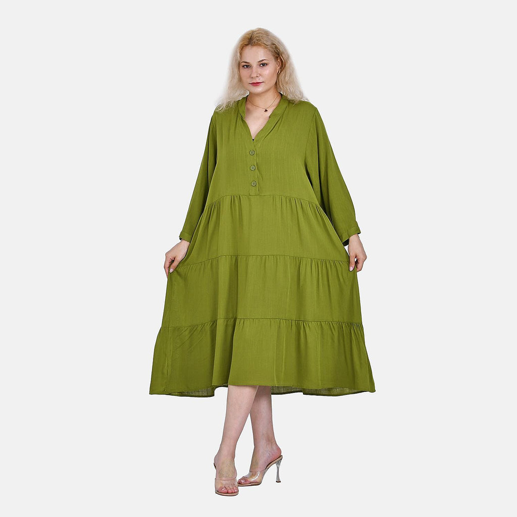 100% Bamboo Rayon Button Down Boho Tiered Dress (One Size) - Green