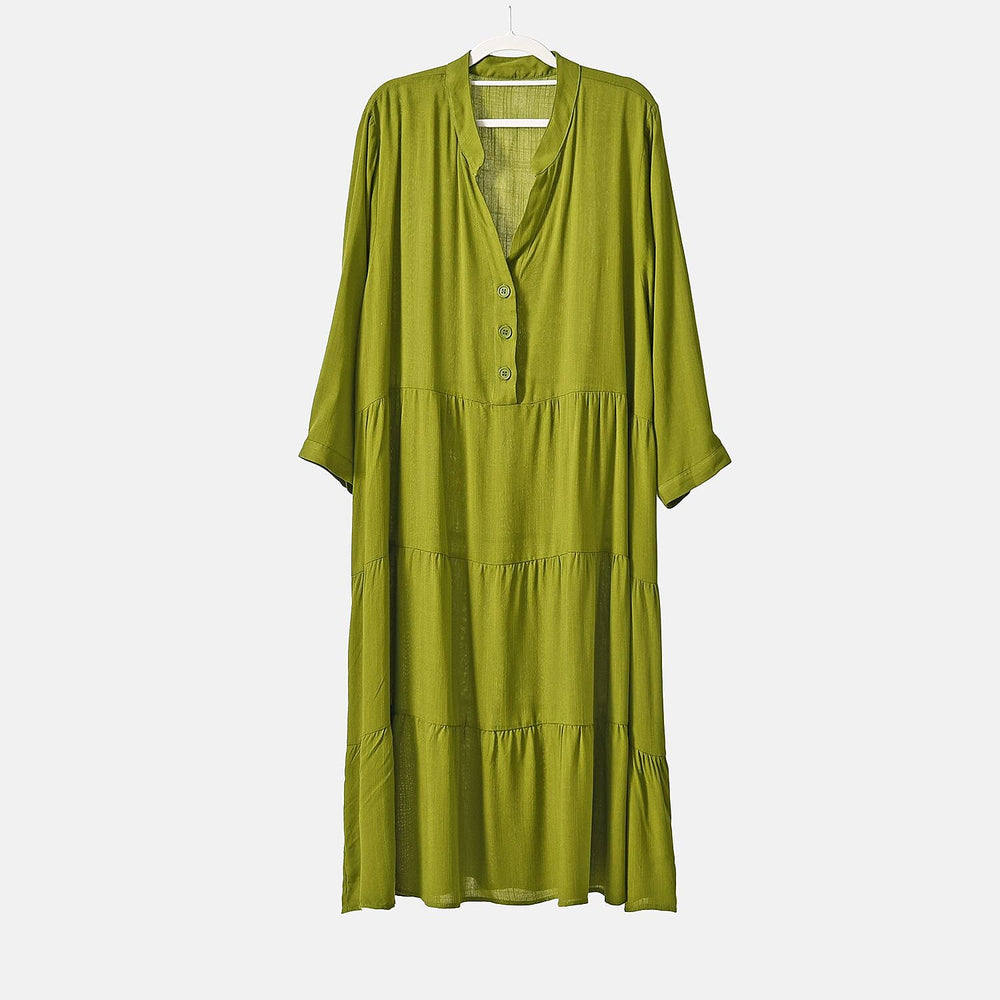 100% Bamboo Rayon Button Down Boho Tiered Dress (One Size) - Green