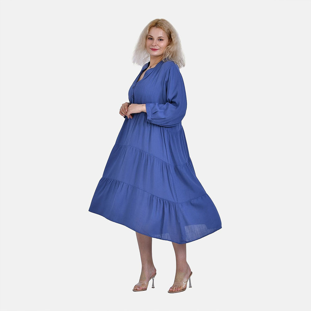 Button Down Boho Tiered Dress (One Size) - Blue