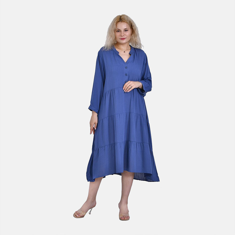 Button Down Boho Tiered Dress (One Size) - Blue