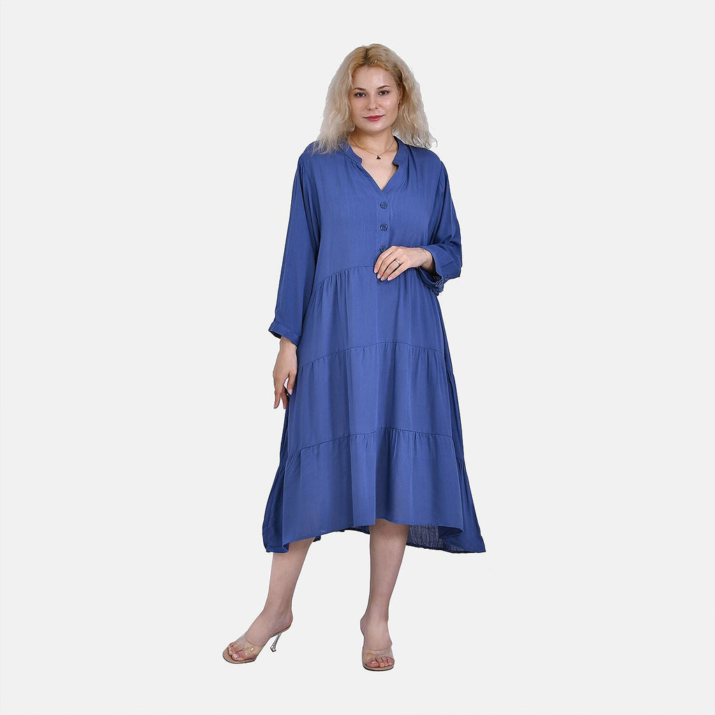 Button Down Boho Tiered Dress (One Size) - Blue