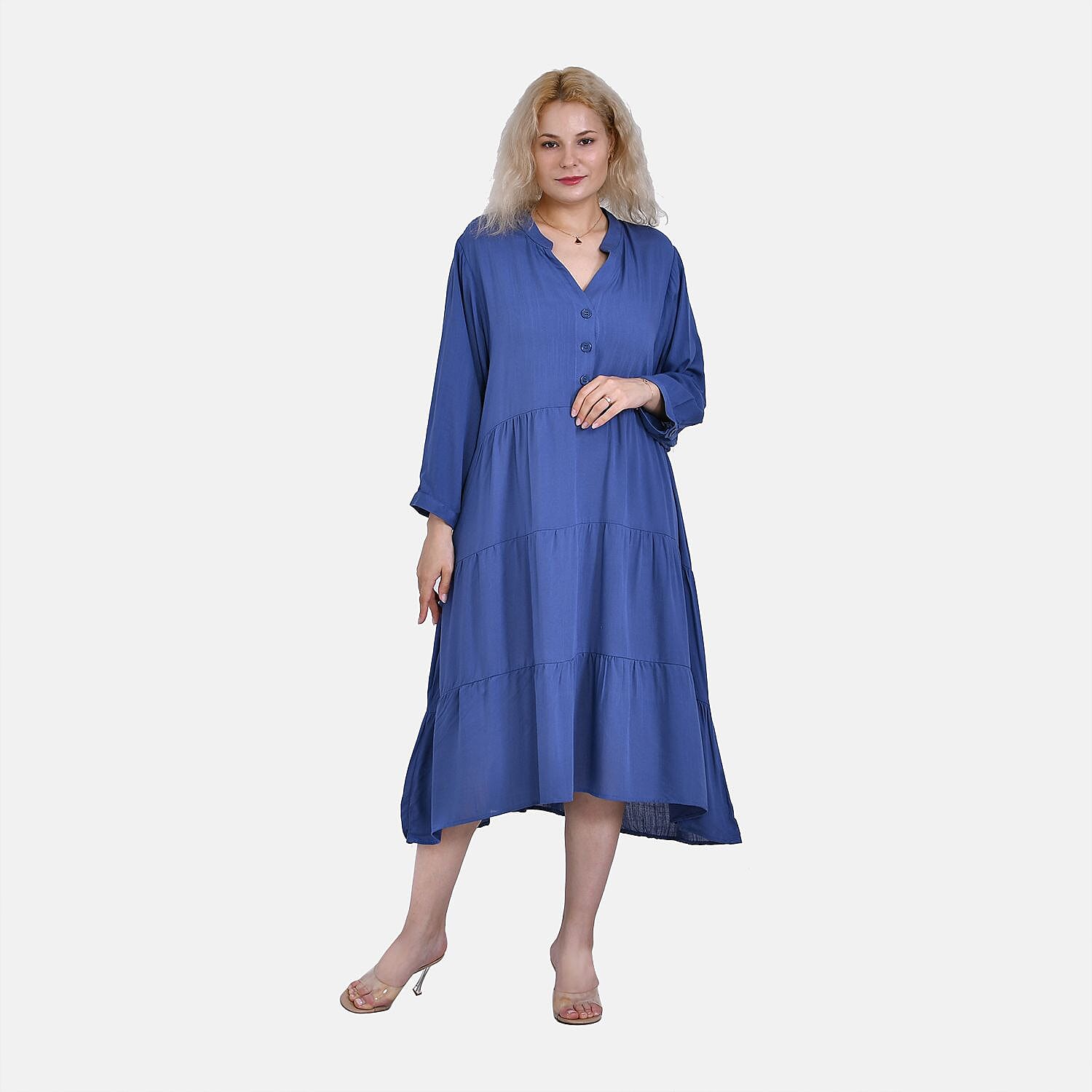 Button Down Boho Tiered Dress (One Size) - Blue