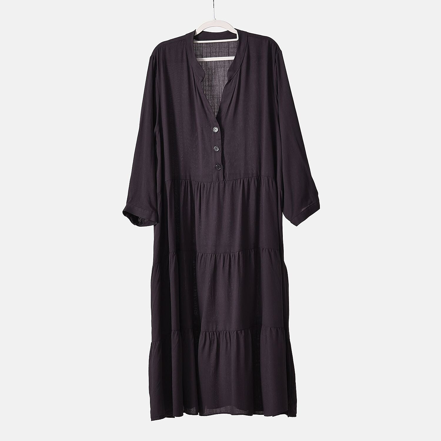 100% Bamboo Rayon Button Down Boho Tiered Dress (One Size) - Grey
