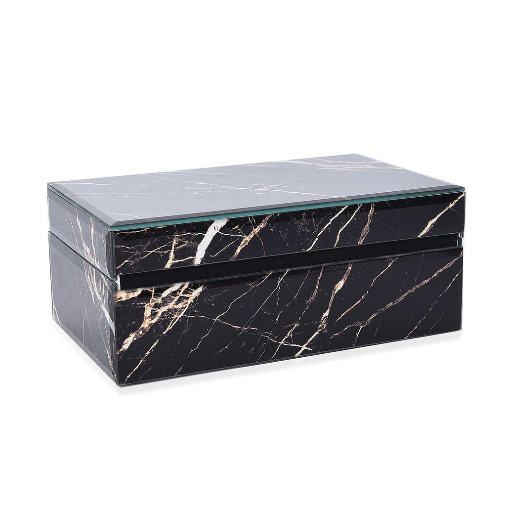 Marble Glass Jewellery Storage Box with Inside Mirror, 7 Ring Rows, 4 Necklace Hook with Pouch and 4 Sections (Size 21x13x8 Cm) - Black Moonstone