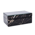 Marble Glass Jewellery Storage Box with Inside Mirror, 7 Ring Rows, 4 Necklace Hook with Pouch and 4 Sections (Size 21x13x8 Cm) - Black Moonstone