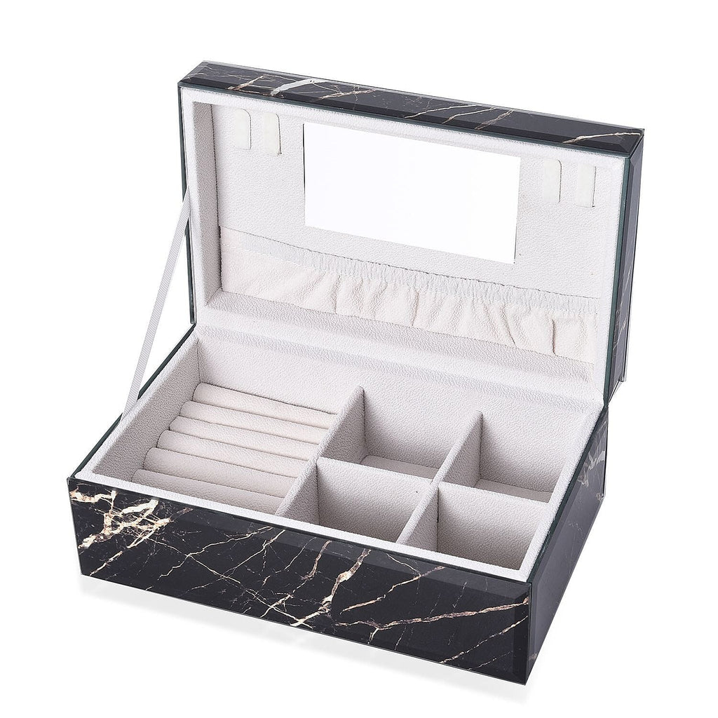 Marble Glass Jewellery Storage Box with Inside Mirror, 7 Ring Rows, 4 Necklace Hook with Pouch and 4 Sections (Size 21x13x8 Cm) - Black Moonstone