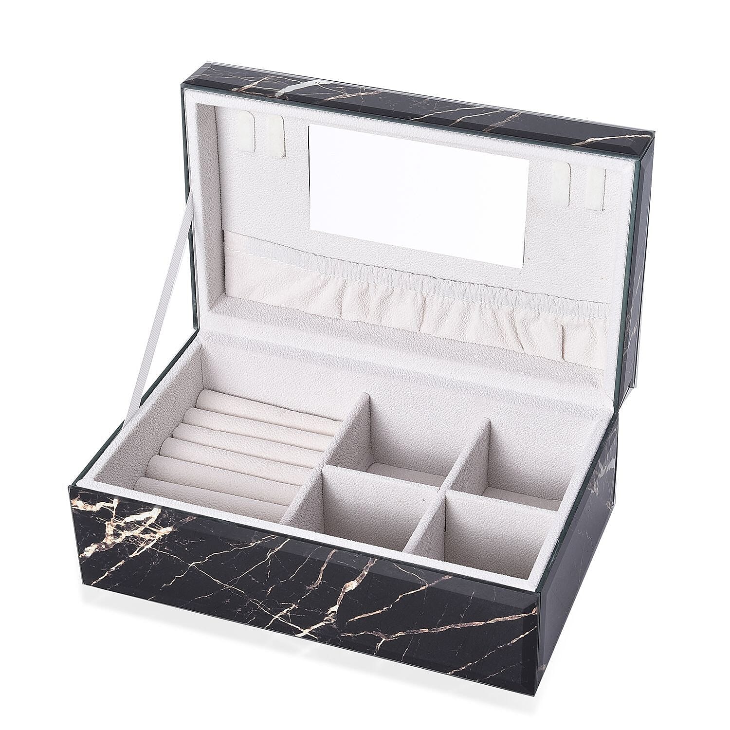 Marble Glass Jewellery Storage Box with Inside Mirror, 7 Ring Rows, 4 Necklace Hook with Pouch and 4 Sections (Size 21x13x8 Cm) - Black Moonstone
