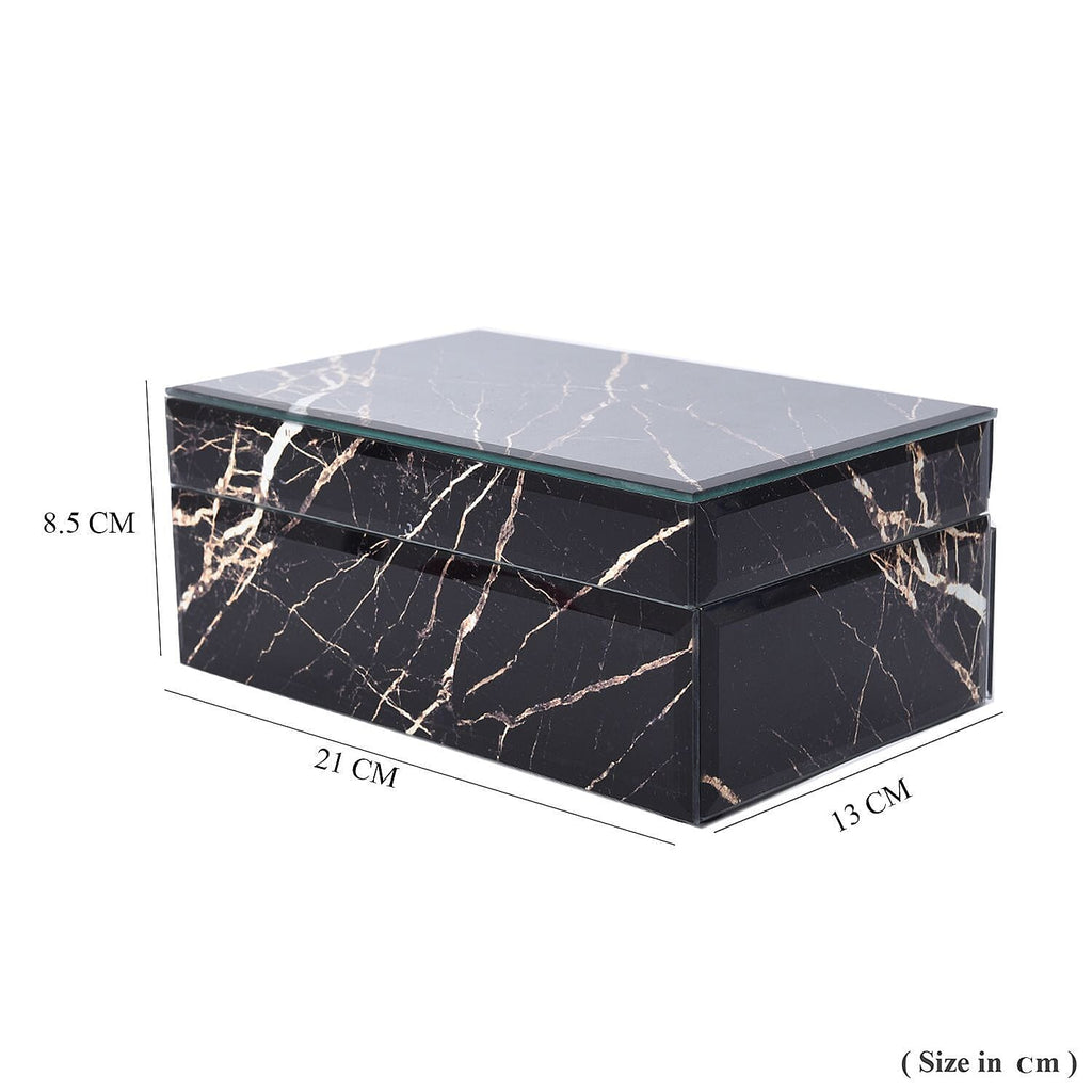 Marble Glass Jewellery Storage Box with Inside Mirror, 7 Ring Rows, 4 Necklace Hook with Pouch and 4 Sections (Size 21x13x8 Cm) - Black Moonstone