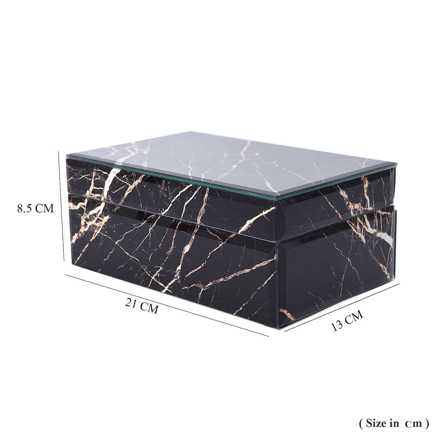 Marble Glass Jewellery Storage Box with Inside Mirror, 7 Ring Rows, 4 Necklace Hook with Pouch and 4 Sections (Size 21x13x8 Cm) - Black Moonstone