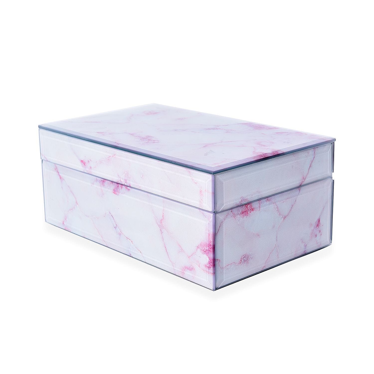 Marble Glass Jewellery Storage Box with Inside Mirror, 7 Ring Rows, 4 Necklace Hook with Pouch and 4 Sections (Size 21x13x8 Cm) - Rose Quartz