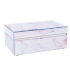 Marble Glass Jewellery Storage Box with Inside Mirror, 7 Ring Rows, 4 Necklace Hook with Pouch and 4 Sections (Size 21x13x8 Cm) - Rose Quartz