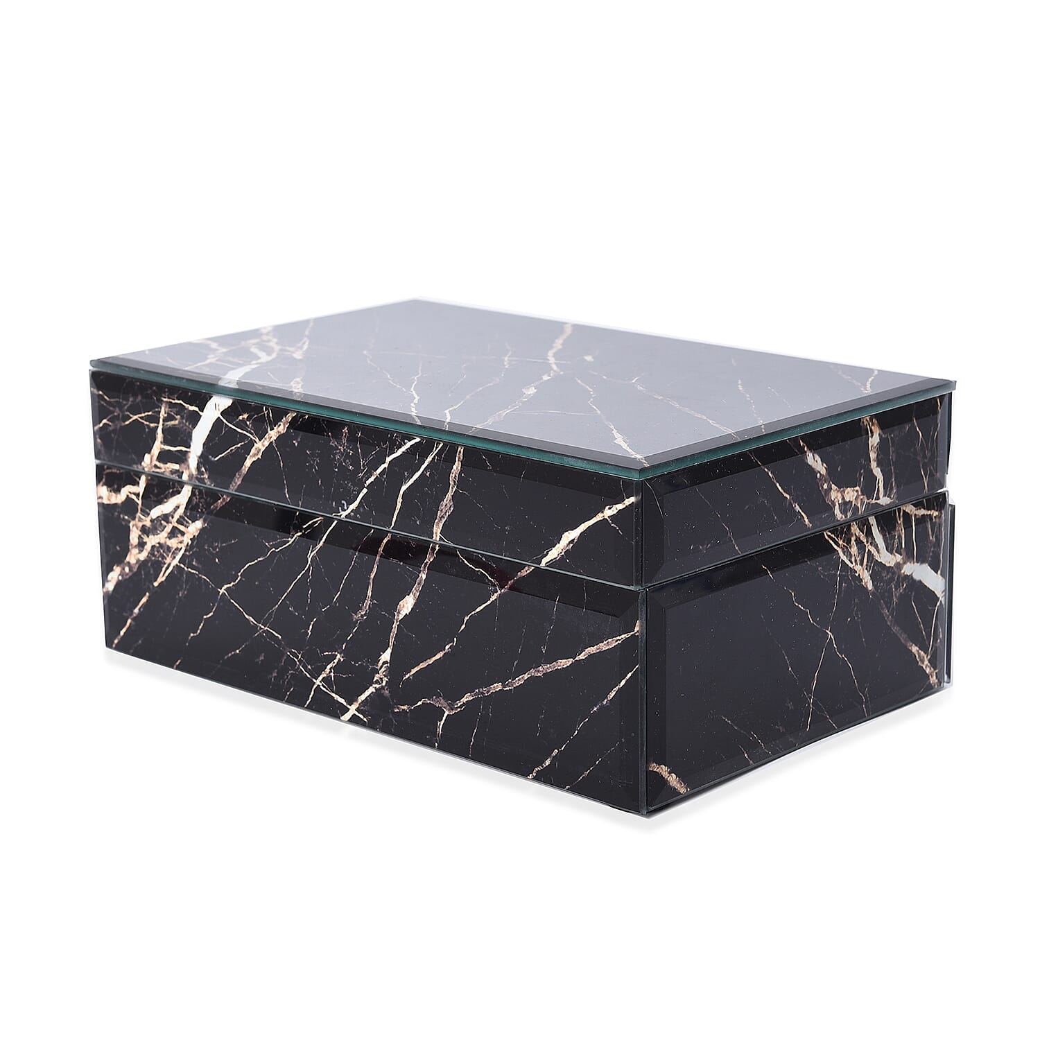 Marble Glass Jewellery Storage Box with Inside Mirror, 7 Ring Rows, 4 Necklace Hook with Pouch and 4 Sections (Size 21x13x8 Cm) - Black Moonstone