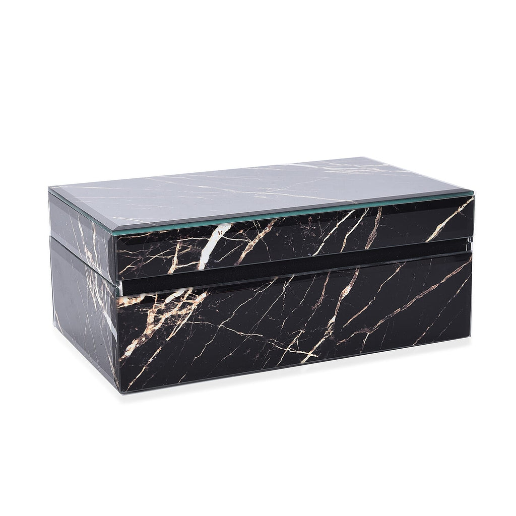 Marble Glass Jewellery Storage Box with Inside Mirror, 7 Ring Rows, 4 Necklace Hook with Pouch and 4 Sections (Size 21x13x8 Cm) - Black Moonstone