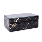 Marble Glass Jewellery Storage Box with Inside Mirror, 7 Ring Rows, 4 Necklace Hook with Pouch and 4 Sections (Size 21x13x8 Cm) - Black Moonstone