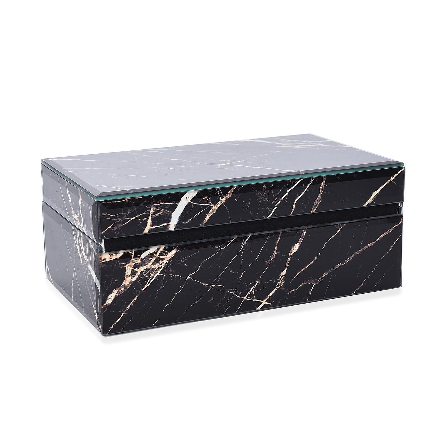 Marble Glass Jewellery Storage Box with Inside Mirror, 7 Ring Rows, 4 Necklace Hook with Pouch and 4 Sections (Size 21x13x8 Cm) - Black Moonstone