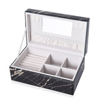 Marble Glass Jewellery Storage Box with Inside Mirror, 7 Ring Rows, 4 Necklace Hook with Pouch and 4 Sections (Size 21x13x8 Cm) - Black Moonstone