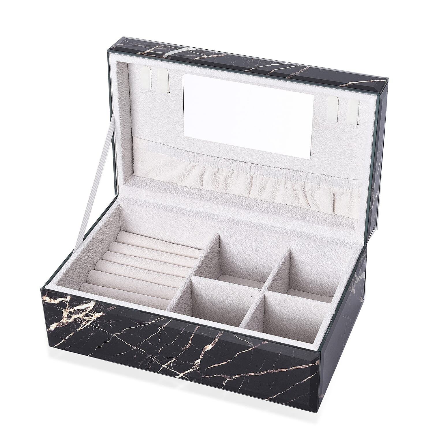 Marble Glass Jewellery Storage Box with Inside Mirror, 7 Ring Rows, 4 Necklace Hook with Pouch and 4 Sections (Size 21x13x8 Cm) - Black Moonstone