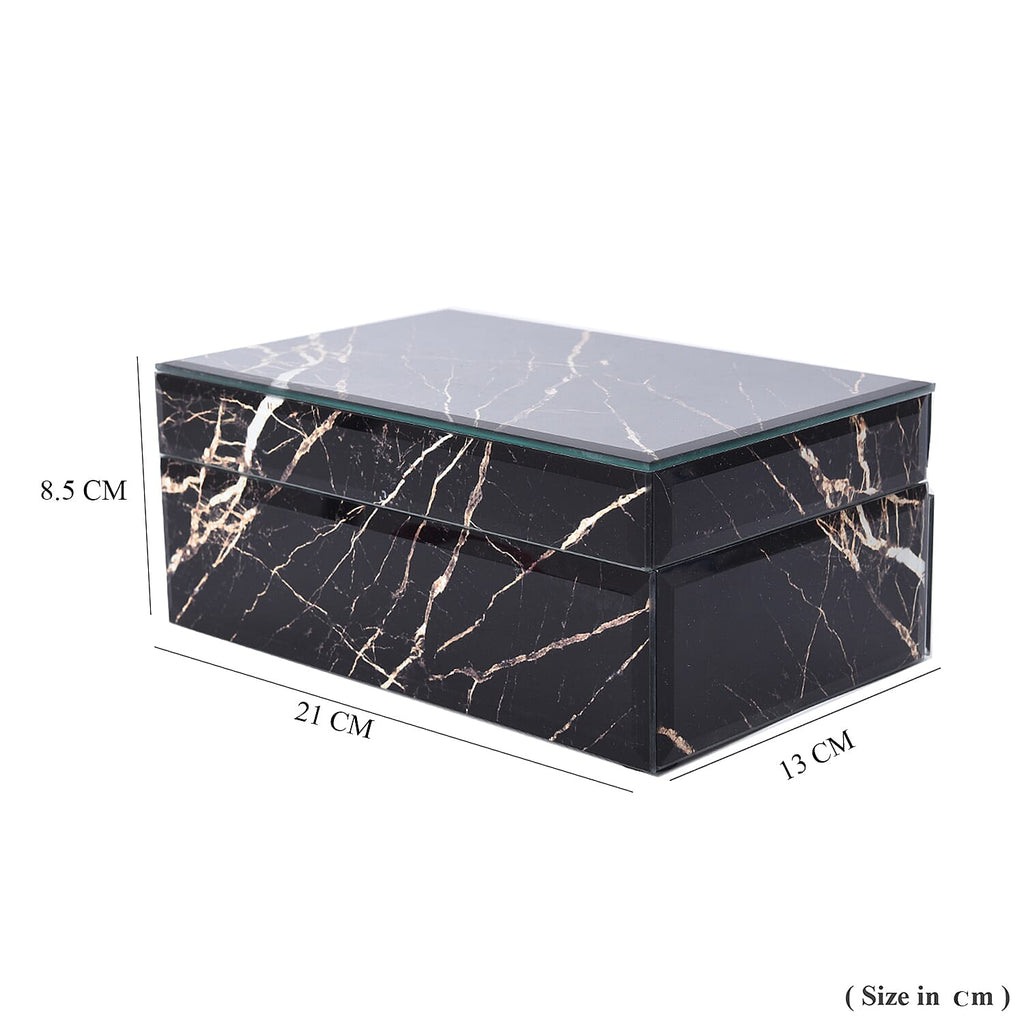 Marble Glass Jewellery Storage Box with Inside Mirror, 7 Ring Rows, 4 Necklace Hook with Pouch and 4 Sections (Size 21x13x8 Cm) - Black Moonstone