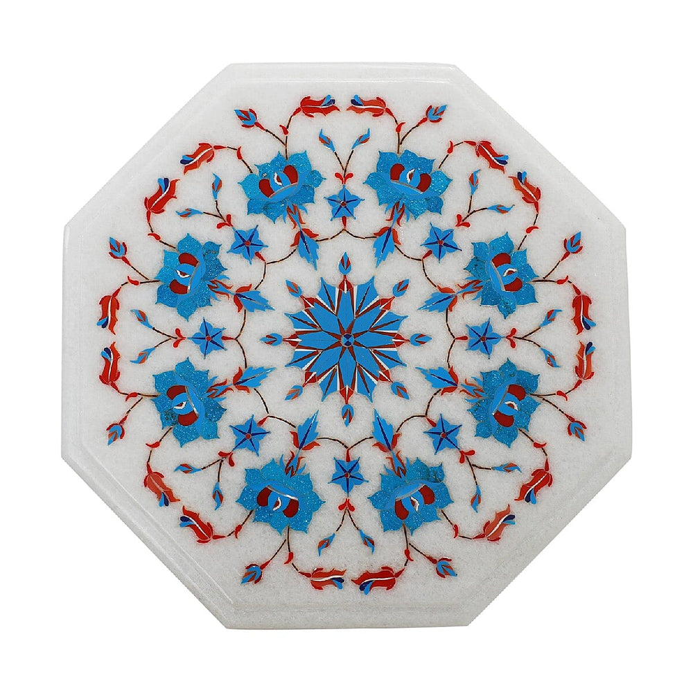 Marble Inlaid TableTop with Floral Inlay with Wooden Legs