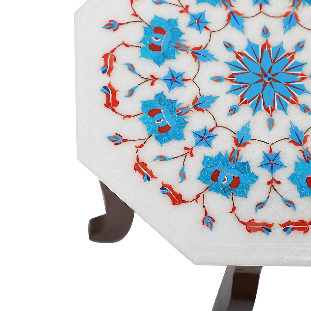 Marble Inlaid TableTop with Floral Inlay with Wooden Legs