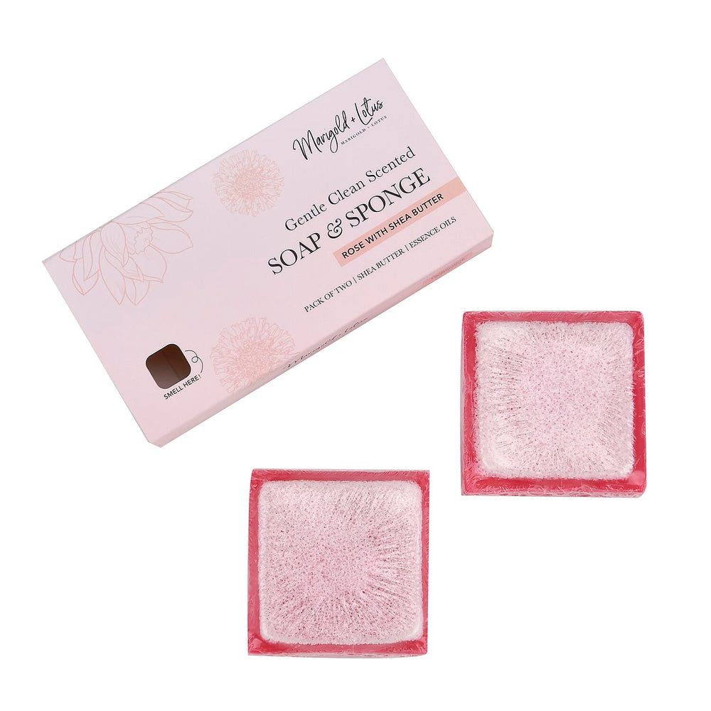 Marigold & Lotus Set of 2 Gentle Clean Scented Soap & Sponge - Rose & Shea Butter