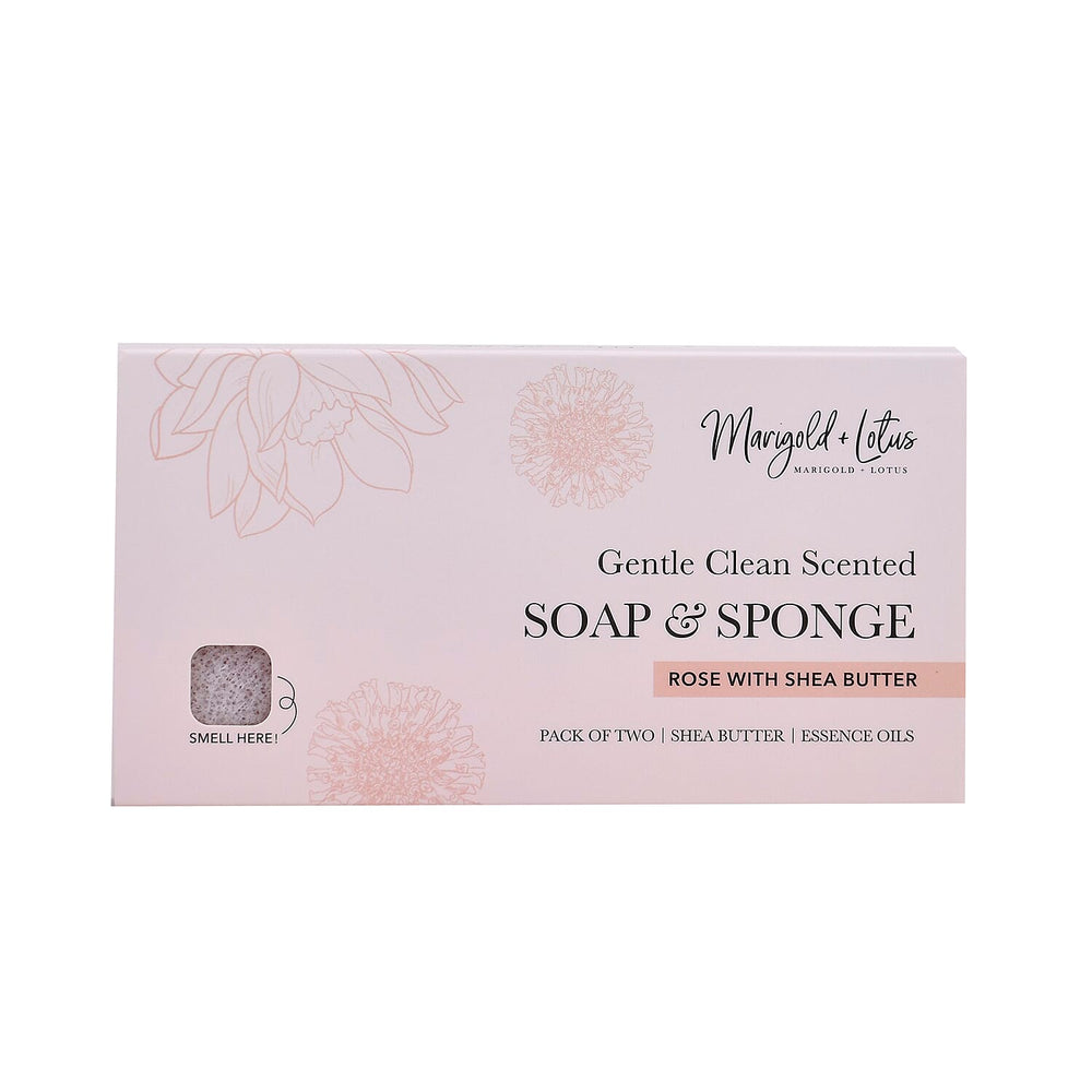 Marigold & Lotus Set of 2 Gentle Clean Scented Soap & Sponge - Rose & Shea Butter