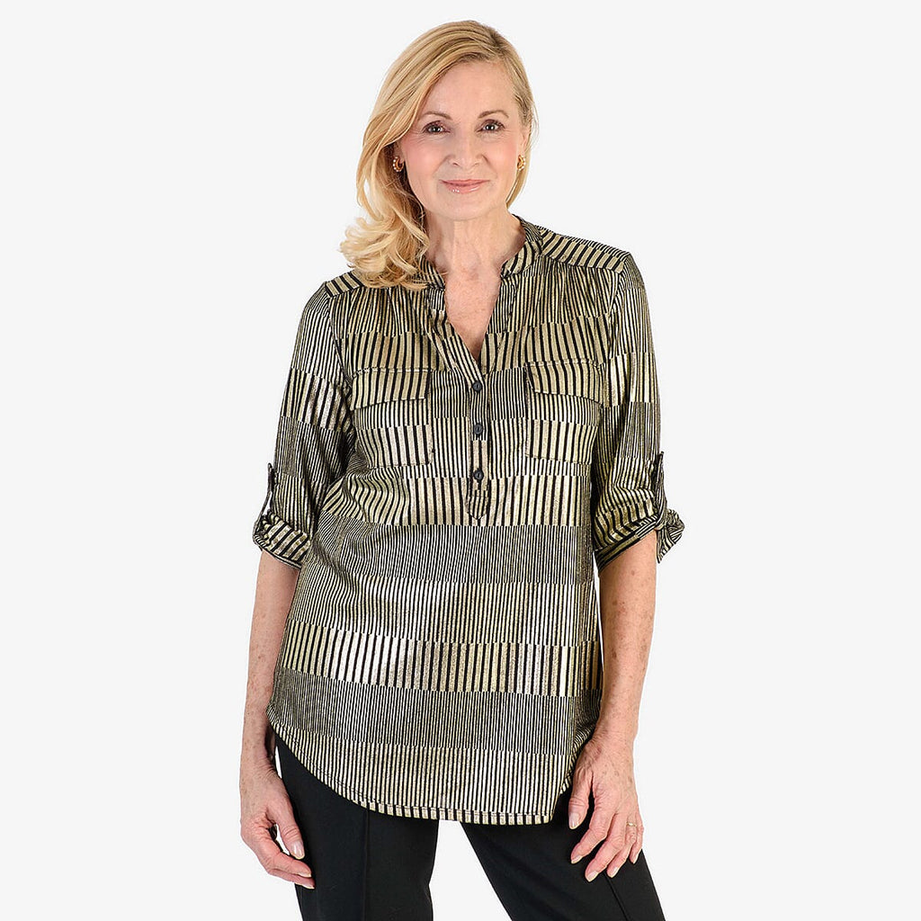 Marina Kaneva Metallic Stripe Top (Size 18) - Gold