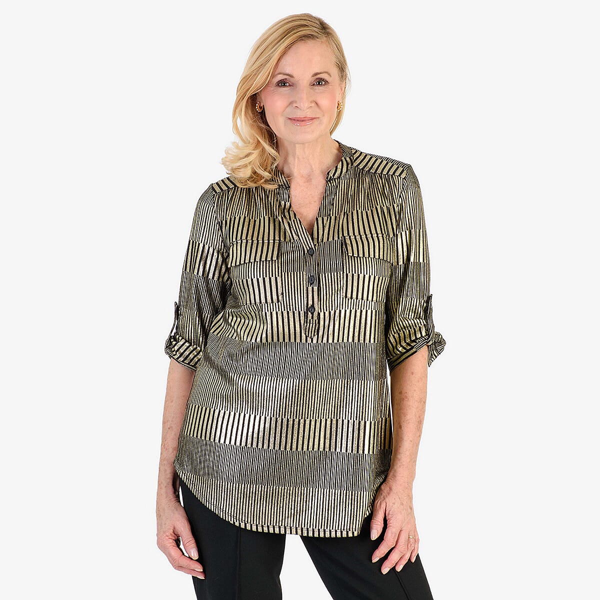 Marina Kaneva Metallic Stripe Top (Size 20) - Gold