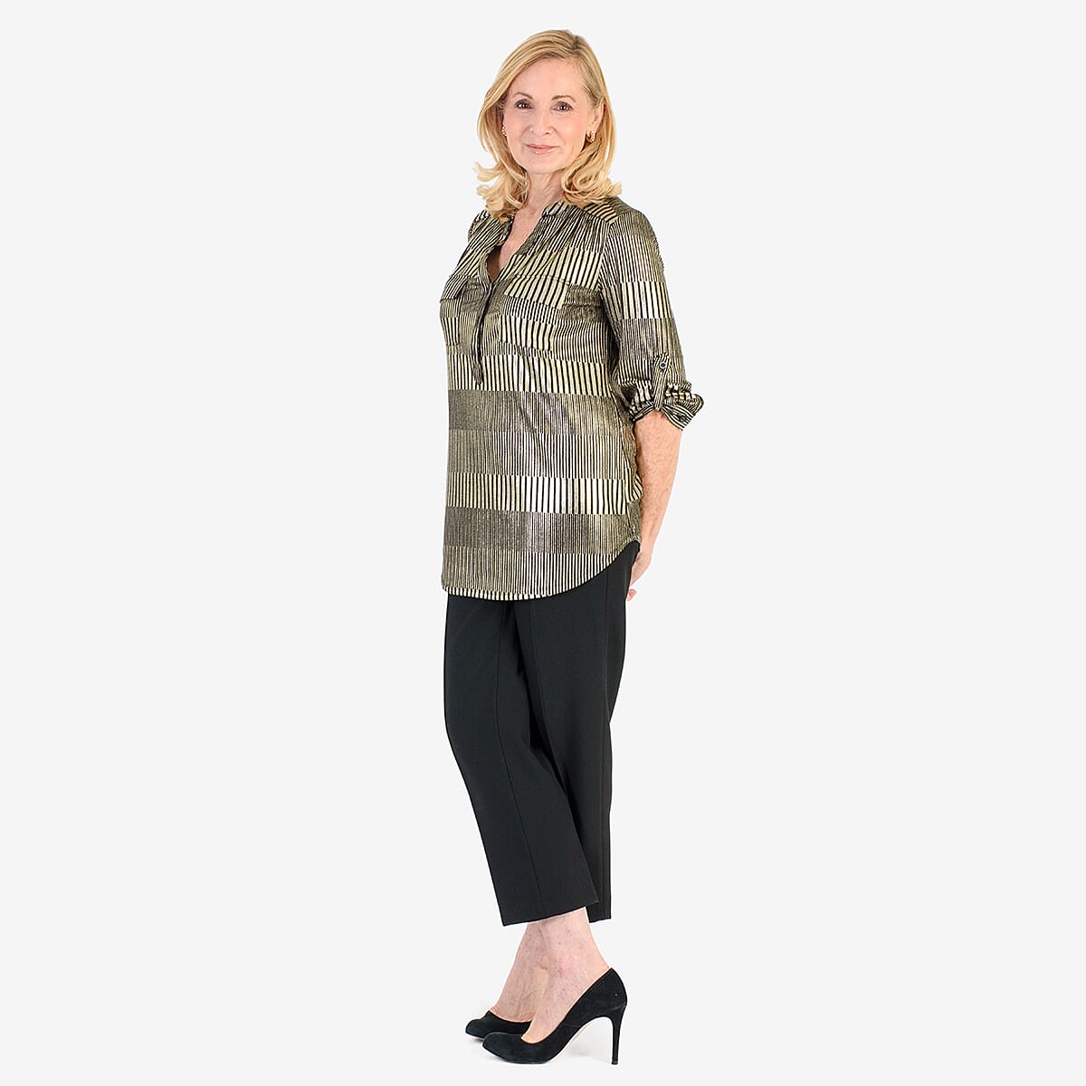 Marina Kaneva Metallic Stripe Top (Size 22) - Gold