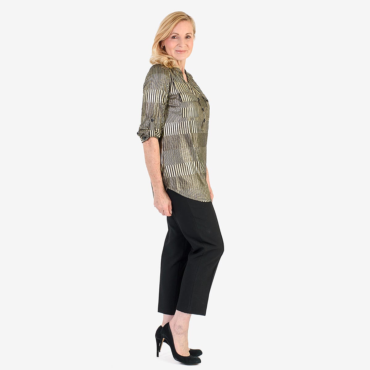 Marina Kaneva Metallic Stripe Top (Size 22) - Gold