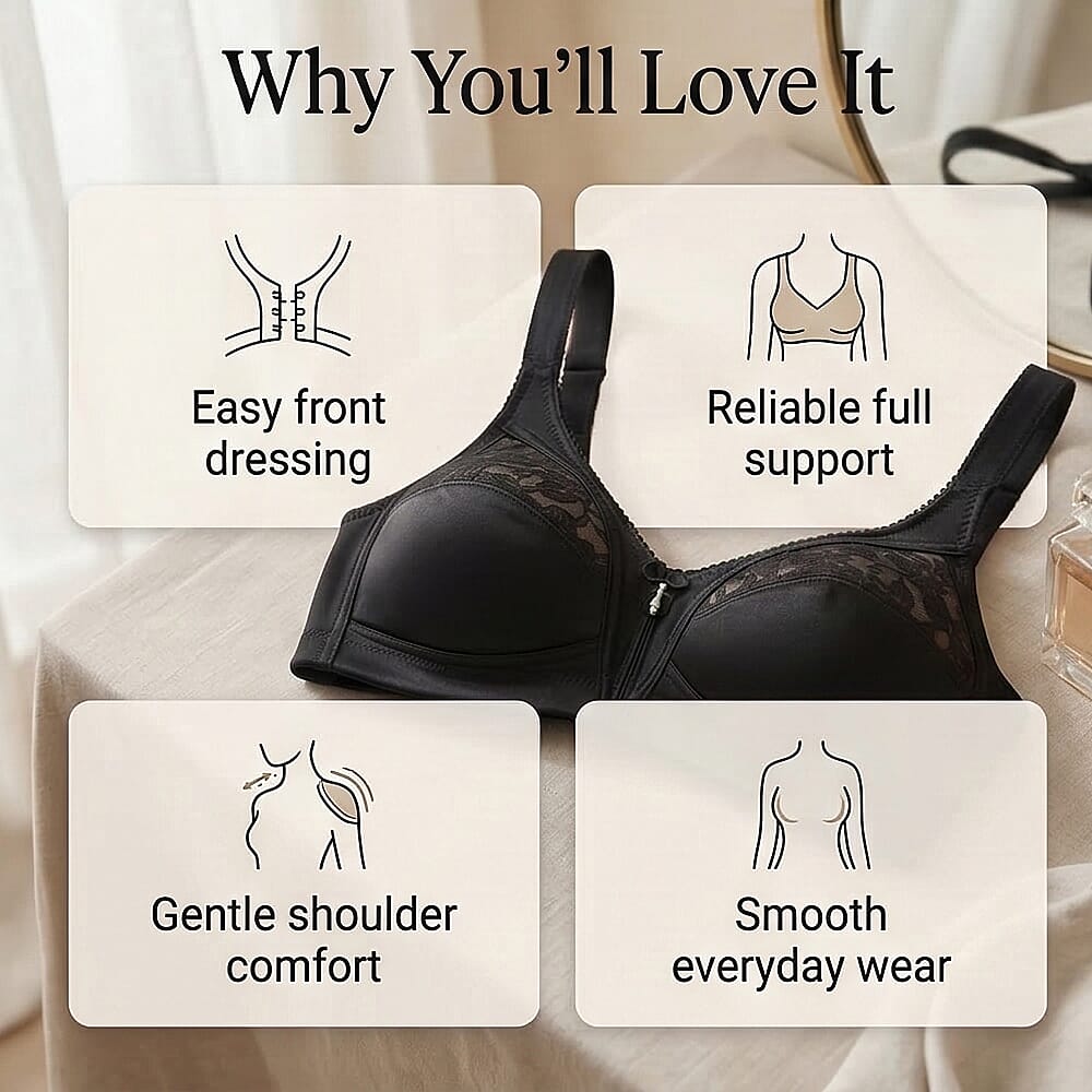 Marlon Soft Cup Satin Bra With Lace Panels, Deep Side Wings And Wide Elasticated Adjustable Straps (Size 34C) - Black