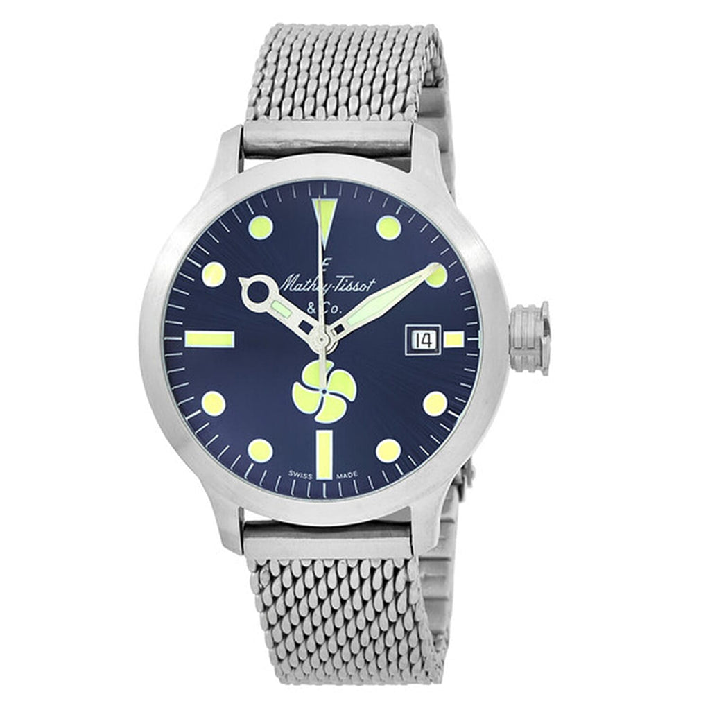 MATHEY TISSOT Elica Automatic Swiss Made Selita SW200 Movt. 40ATM WR Blue Dial - Silver Case Mens Watch with Silver Stainless Steel Mesh Strap