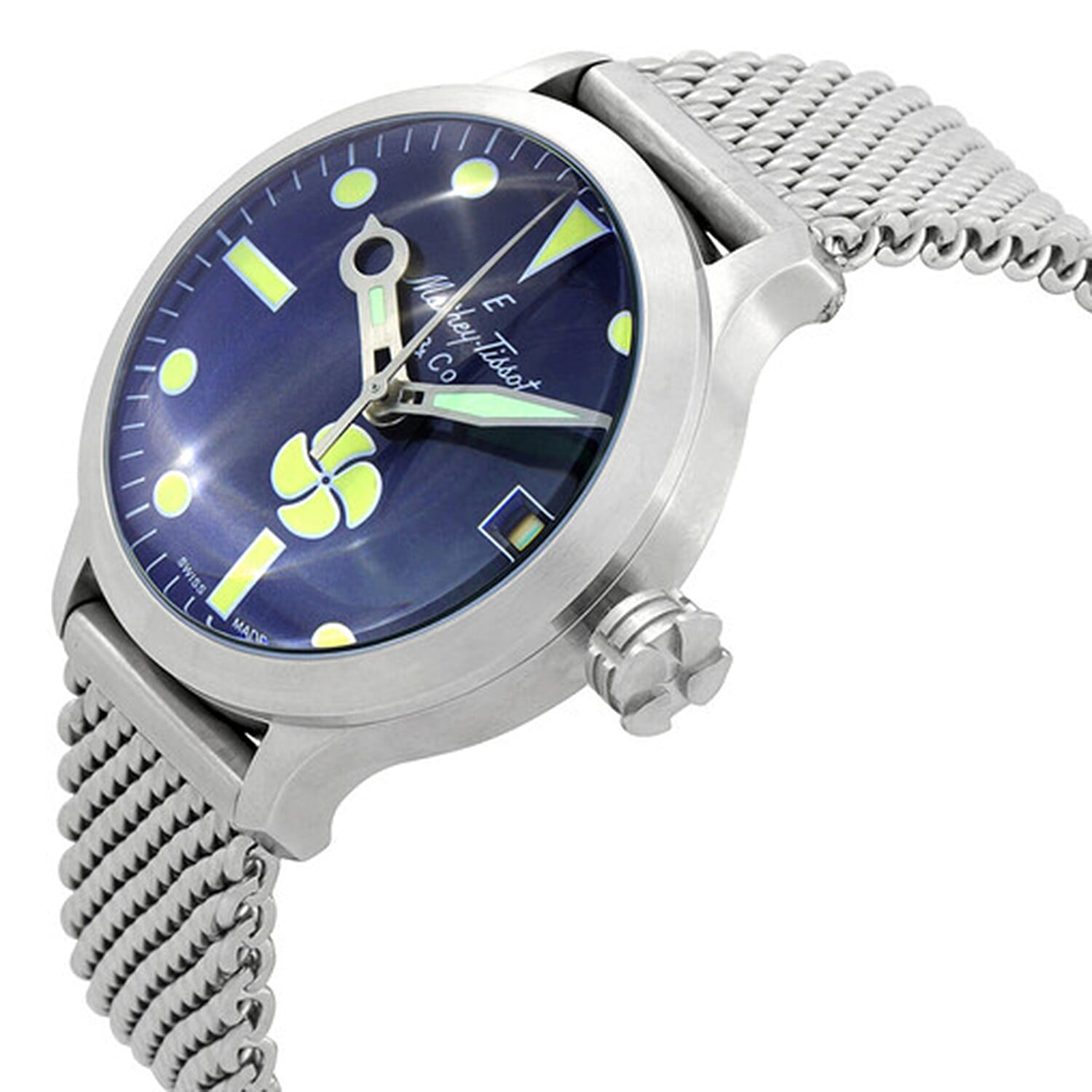 MATHEY TISSOT Elica Automatic Swiss Made Selita SW200 Movt. 40ATM WR Blue Dial - Silver Case Mens Watch with Silver Stainless Steel Mesh Strap