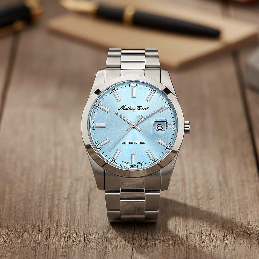 Mathey Tissot Limited Edition Sunray Quartz Movt. 5ATM WR Blue Dial Mens Watch with Silver Colour Stainless Steel Strap