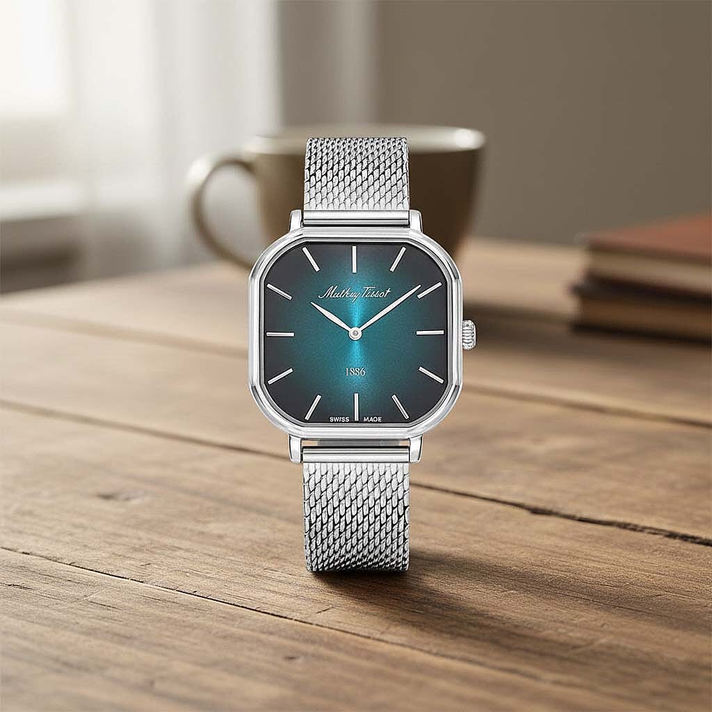 Mathey Tissot Monsoon Square Swiss Movt. 3ATM WR Green Dial Ladies Watch with Silver Colour Stainless Steel Mesh Strap