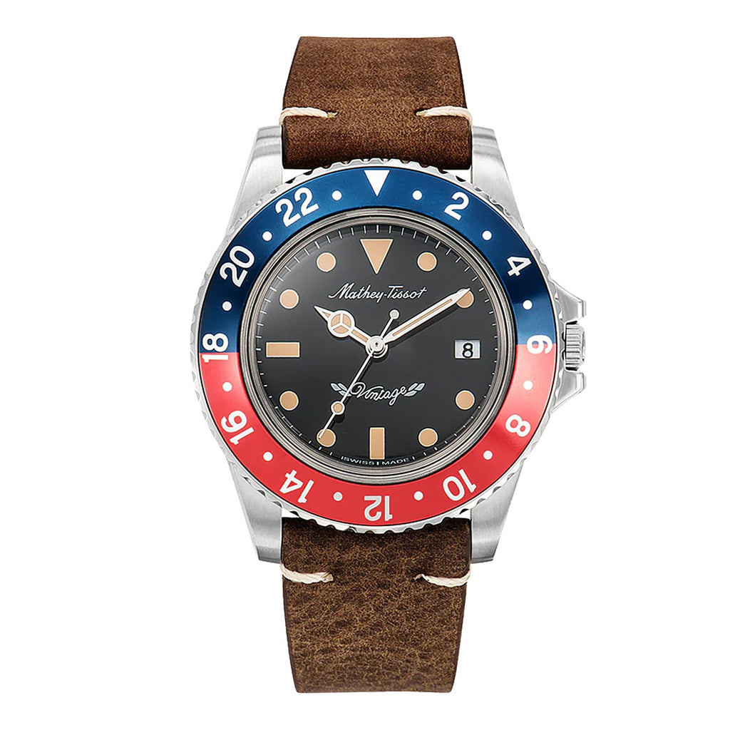 MATHEY TISSOT Mathey Vintage Quartz Ronda 505 Movt 10ATM WR Black Dial Mens Watch with a Brown Leather Strap