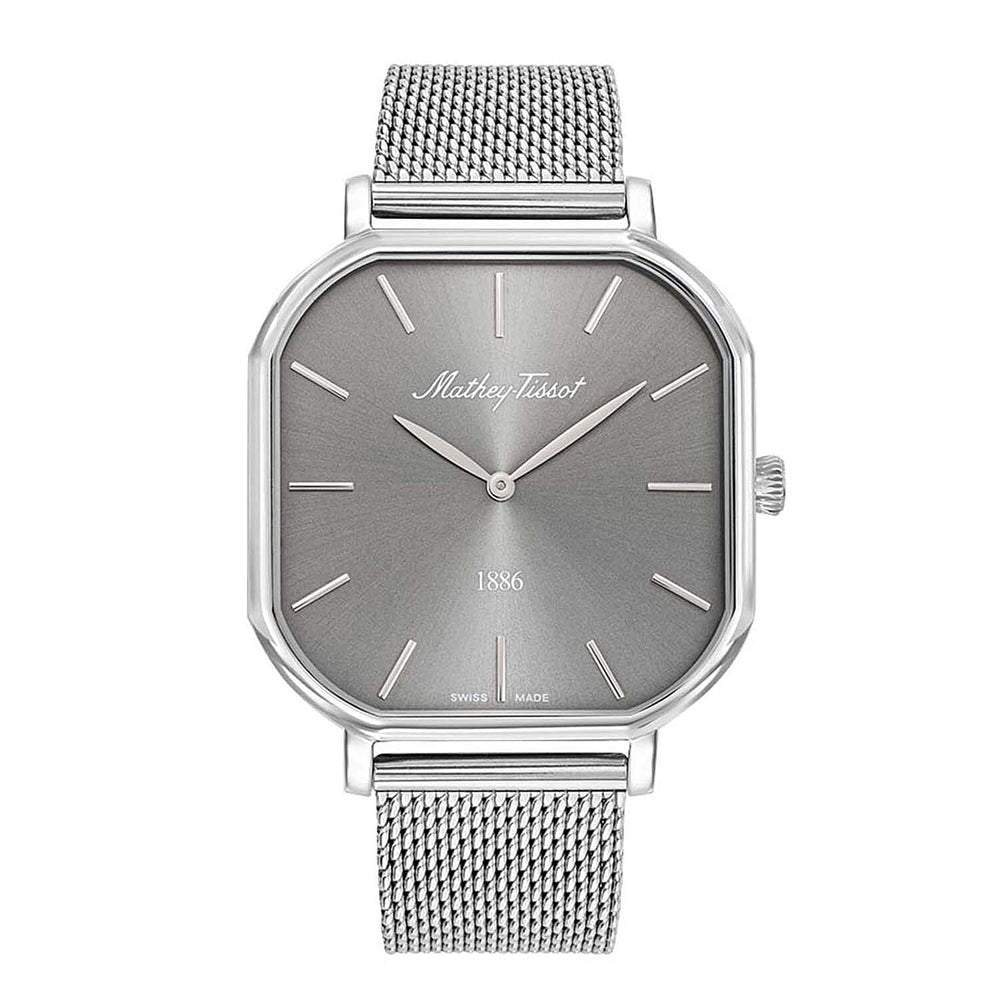 Mathey Tissot Monsoon Square Swiss Movt. 3ATM WR Grey Dial Mens Watch with Silver Colour Stainless Steel Mesh Strap