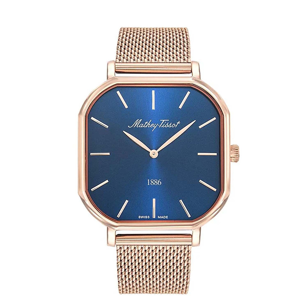 Mathey Tissot Monsoon Square Swiss Movt. 3ATM WR Blue Dial Mens Watch with Rose Colour Stainless Steel Mesh Strap