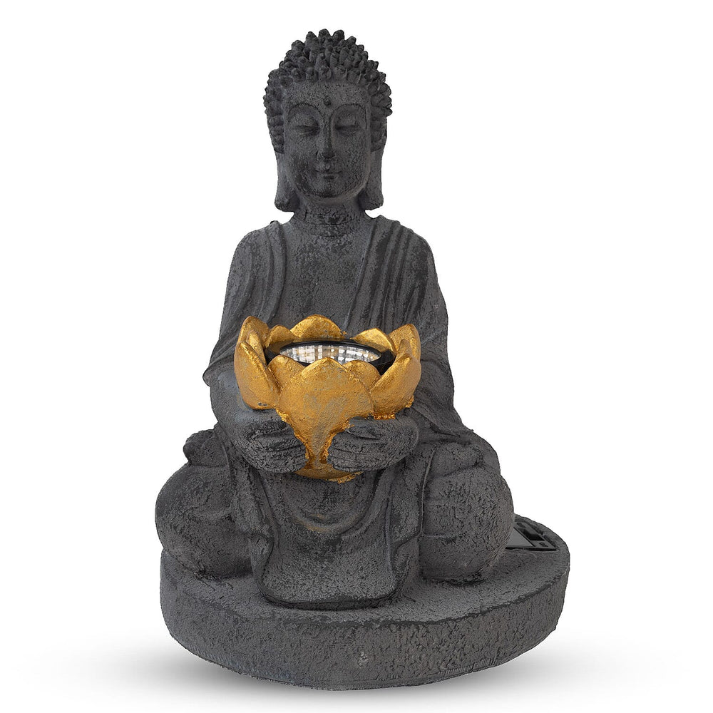 Meditating Buddha Solar Decorative Light - Grey with Gold Lotus Candle Holder