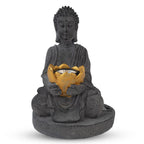 Meditating Buddha Solar Decorative Light - Grey with Gold Lotus Candle Holder